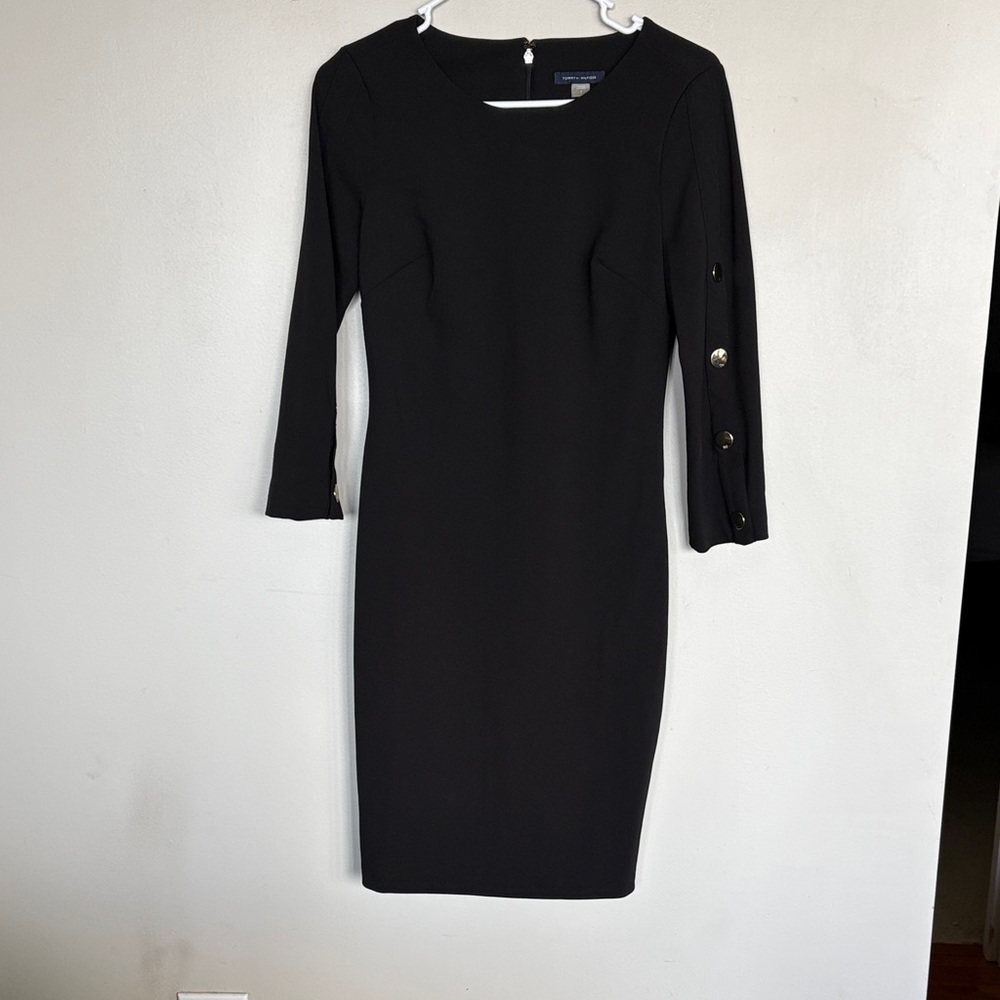 Tommy Hilfiger Black Sheath Dress Size 2 Gold Button Sleeve Work Career
